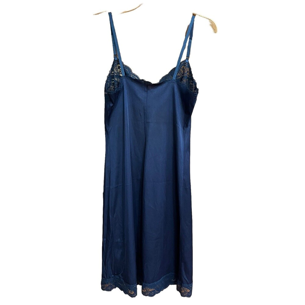 HOLLYWOOD VASSARETTE Vintage Slip Dress 36 Blue Lace Nylon Tricot Coquette - Picture 3 of 15